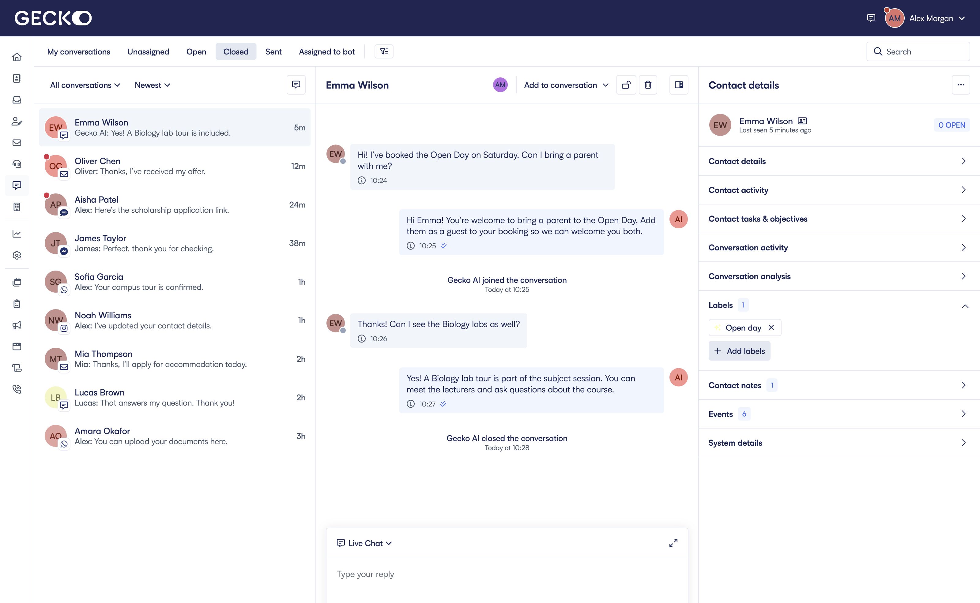 Gecko conversations product screenshot with fictional student enquiries and a chatbot conversation